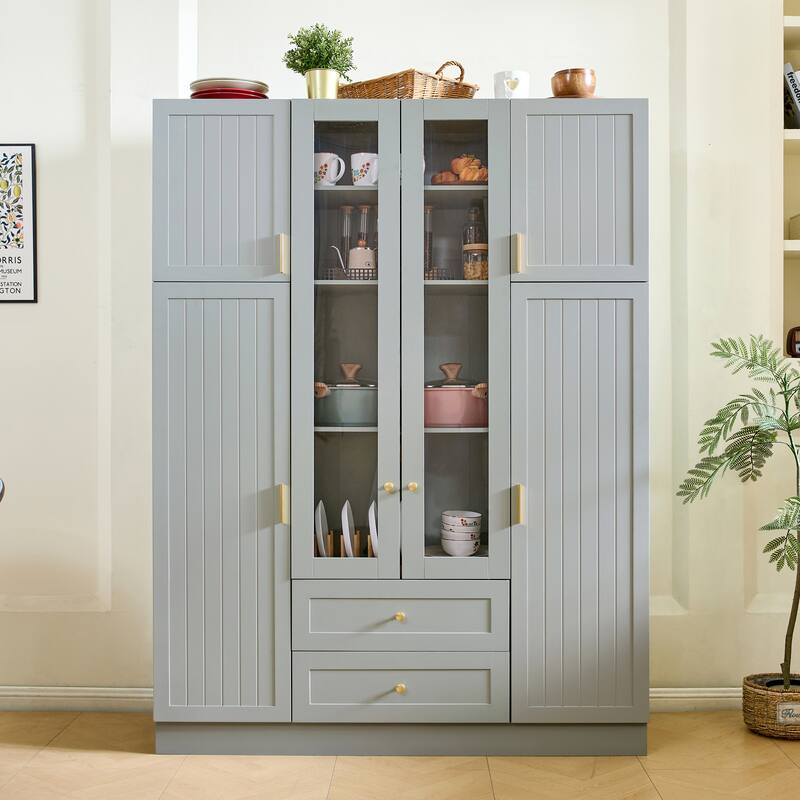 53" Modern Kitchen Pantry Cabinet with 6 Doors, Pull-Out Trays & Wine Rack