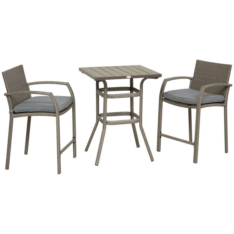 3-Piece Outdoor Wicker Bar Set with Wood-Grain Slatted Table and Cushioned High Back Stools, Weather-Resistant Patio Furniture
