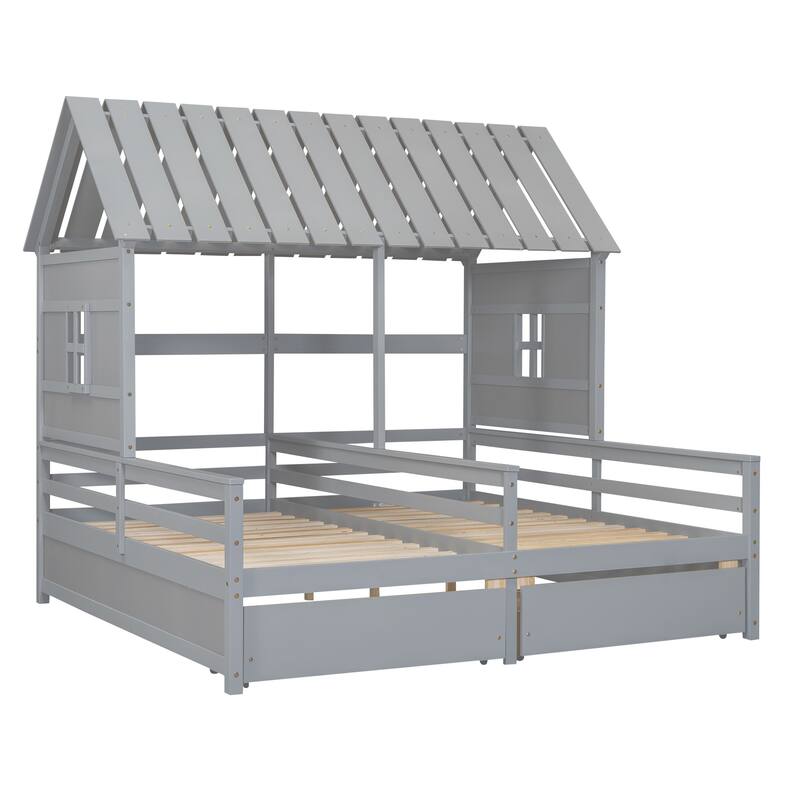 Gray Twin Size Solid Wood House Platform Bed with Two Drawers