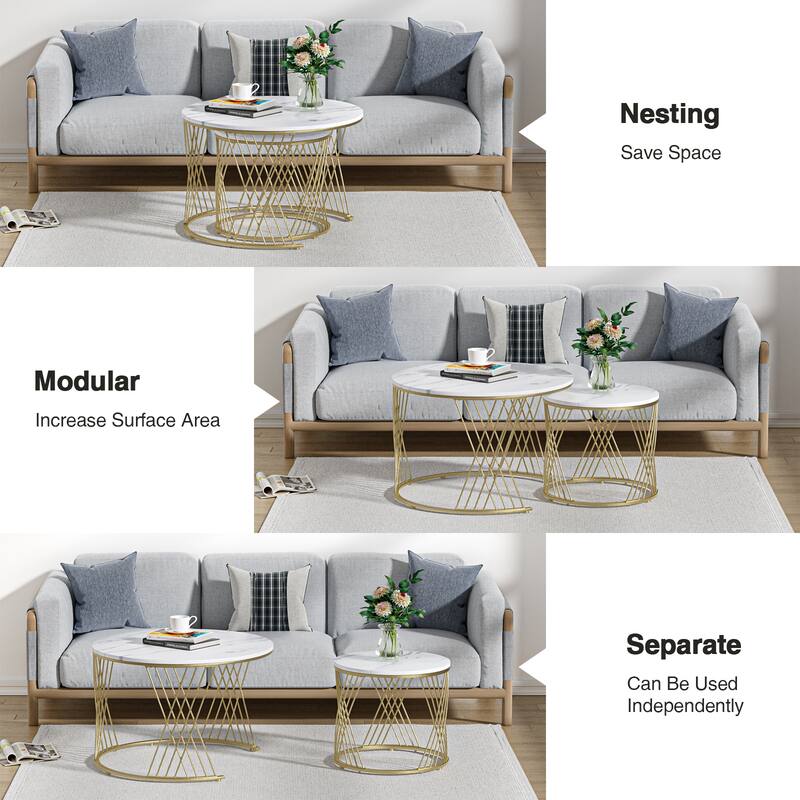 Anmytek Round Nesting Coffee Table Set of 2, White Modern End Tables Living Room Faux Marble Sofa Beside Table