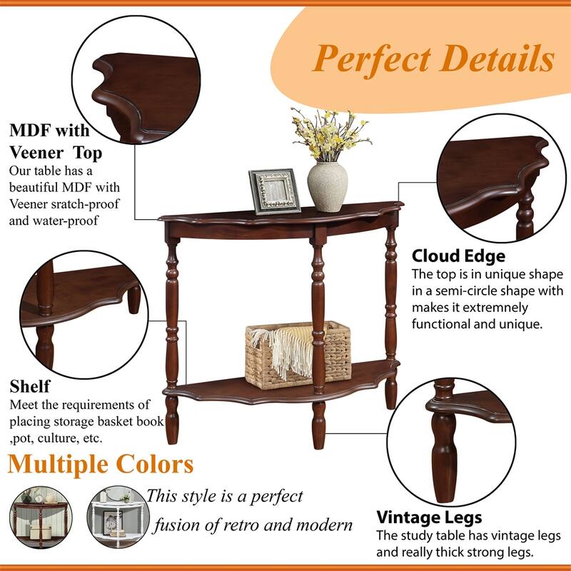 42" Wood Circular Curved Console Table with Open Shelf and Legs