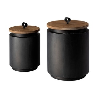 Mercana Cyril Black Metal w/ Brown Solid Wood Lid Jars (Set of 2) - 9.1L x 9.1W x 12.8H