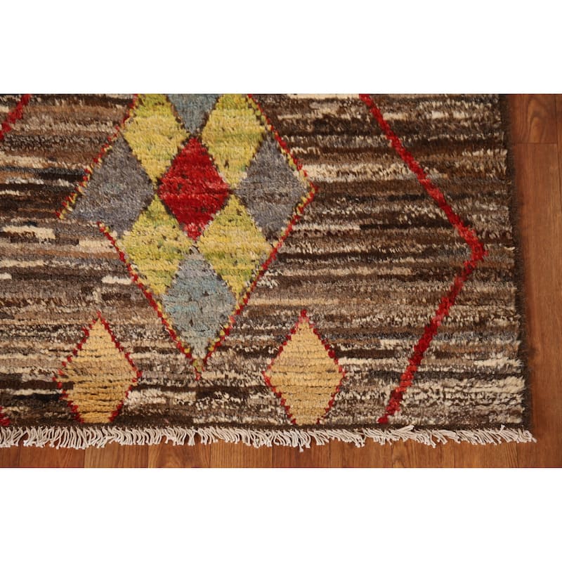 Brown Geometric Moroccan Oriental Runner Rug Handmade Wool Carpet - 2'11" x 9'8"