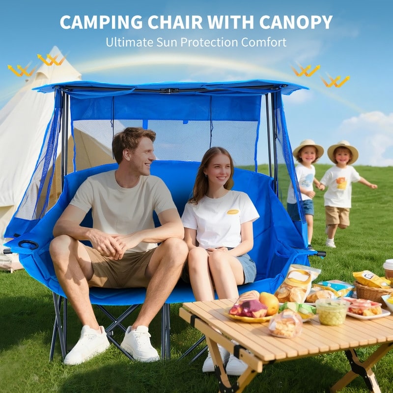 Double Beach Chair with Canopy Shade, Cup Holder and Side Pocket
