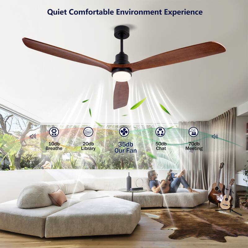 72 Inch Modern Ceiling Fan With 3 Color Dimmable 3 Solide Wood Blades Remote Control Reversible DC Motor With Led Light