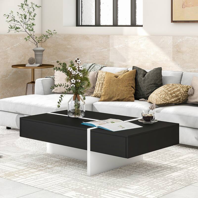 Modern Black and White Coffee Table with Drawer, 45.2" x 25.5", Contemporary Living Room Center Table