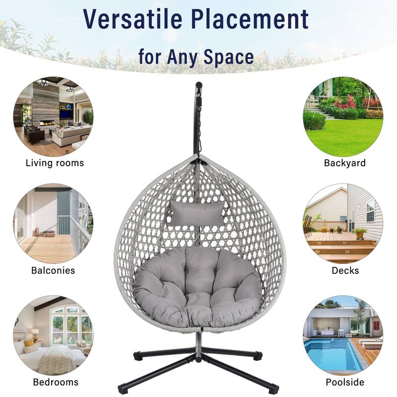 Versatile Egg Chair for Indoor and Outdoor Use, PE Rattan Patio Swing Hanging Chair with Stand and Cushion