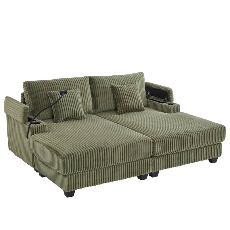 Corduroy Chaise Lounge Sofa Loveseat Sleeper Sofa with Adjustable Backrest, Cup Holders, Phone Holder and Dual Storage Armrest