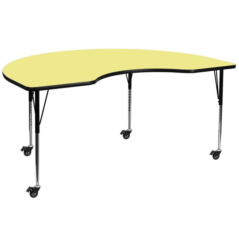 Mobile 48''W x 72''L Kidney Thermal Laminate Activity Table - Adjustable Legs - Yellow
