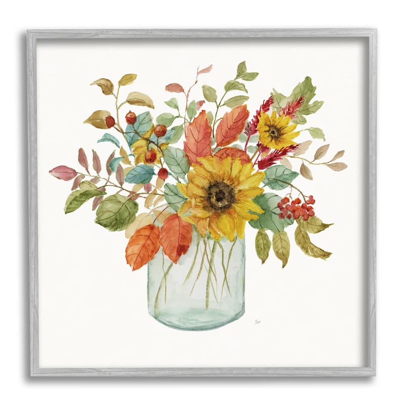 Stupell Simple Country Botanicals Sunflower Vase Design Framed Wall Art - Multi-Color - 17 x 17 - Grey
