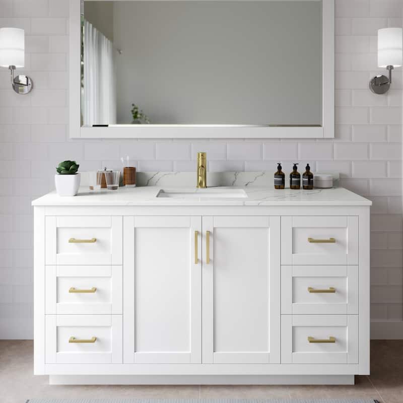 Wyndham Collection WCF292960S-QTZ-UNSMXX Miranda 60" Free Standing - White / Giotto Quartz Top / Brushed Gold Hardware