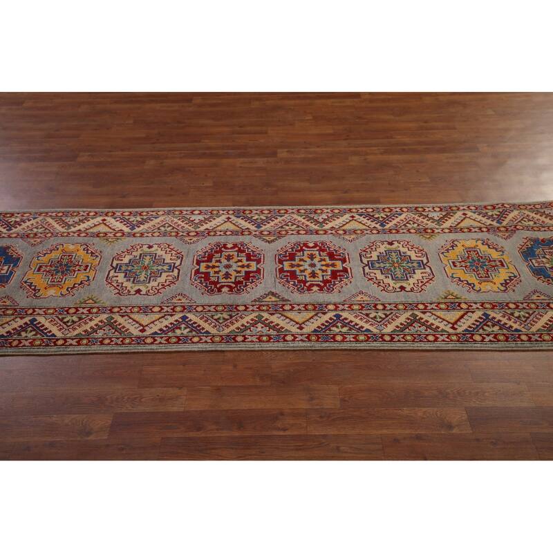 Geometric Kazak Runner Rug Handmade Wool Carpet - 2'7" x 19'4"