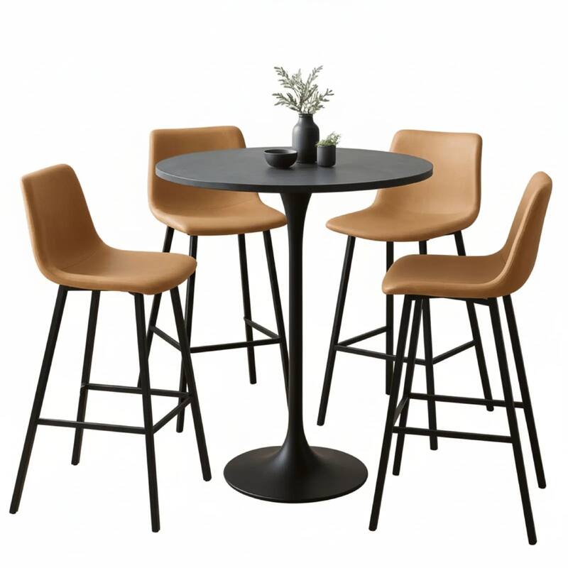 Elland 5-Piece Bar-Height Dining Set with Round MDF Bar Table and Upholstered Leather Bar Stools