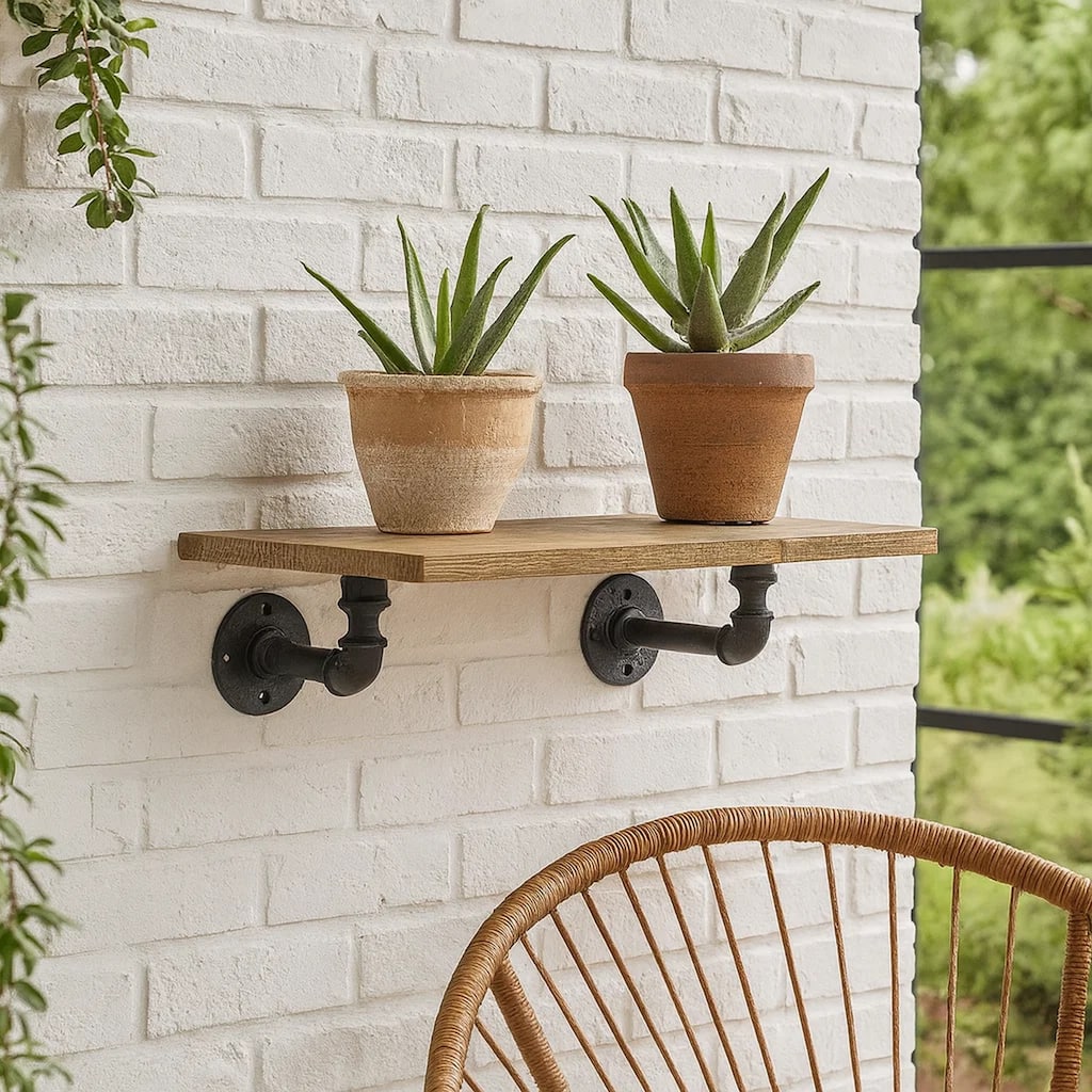 Ley 18 Inch Wood Wall Mount Shelf, Metal Pipe Design, Brown, Black