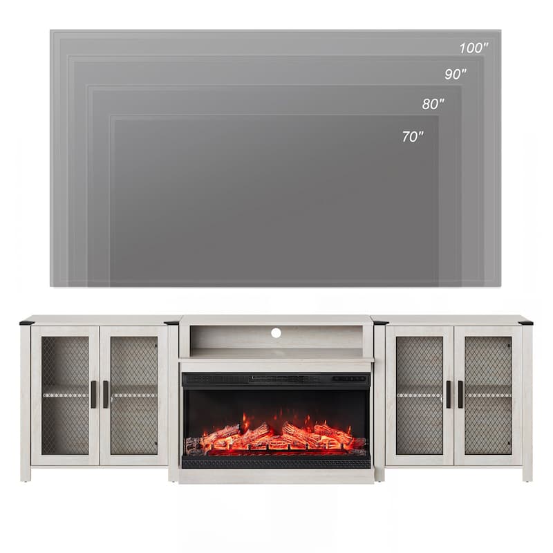 Rustic Wood Fireplace TV Stand with Mesh Barn Doors for Living Room