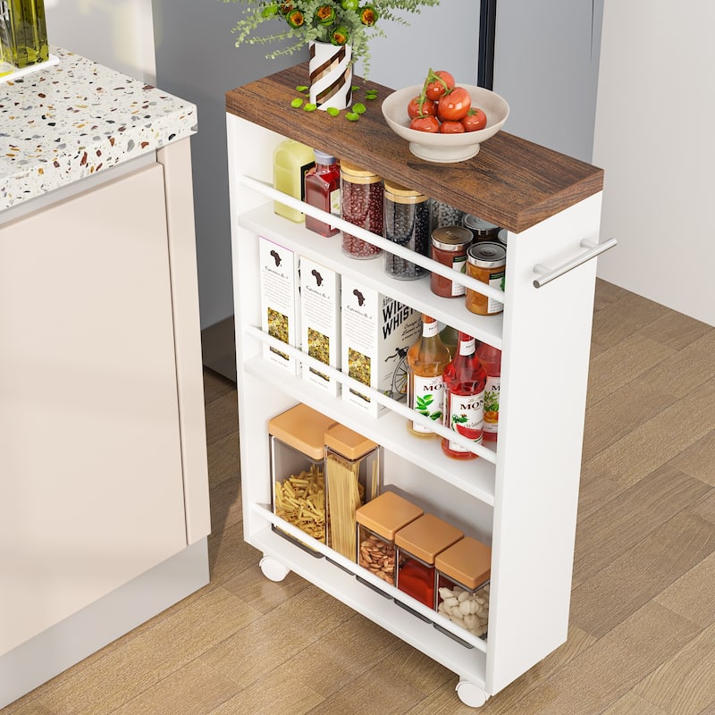 Slim Storage Cart, Rolling Narrow Kitchen Cart on Wheels - N/A - White & Rustic