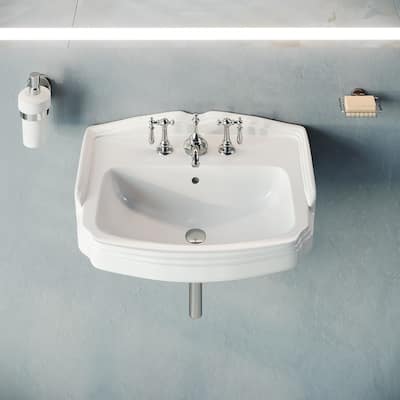 Portsmouth White Ceramic Corner Wall Mounted Sink 22" Floating Vessel Sink with Overflow (Faucet Not Included) Renovators Supply