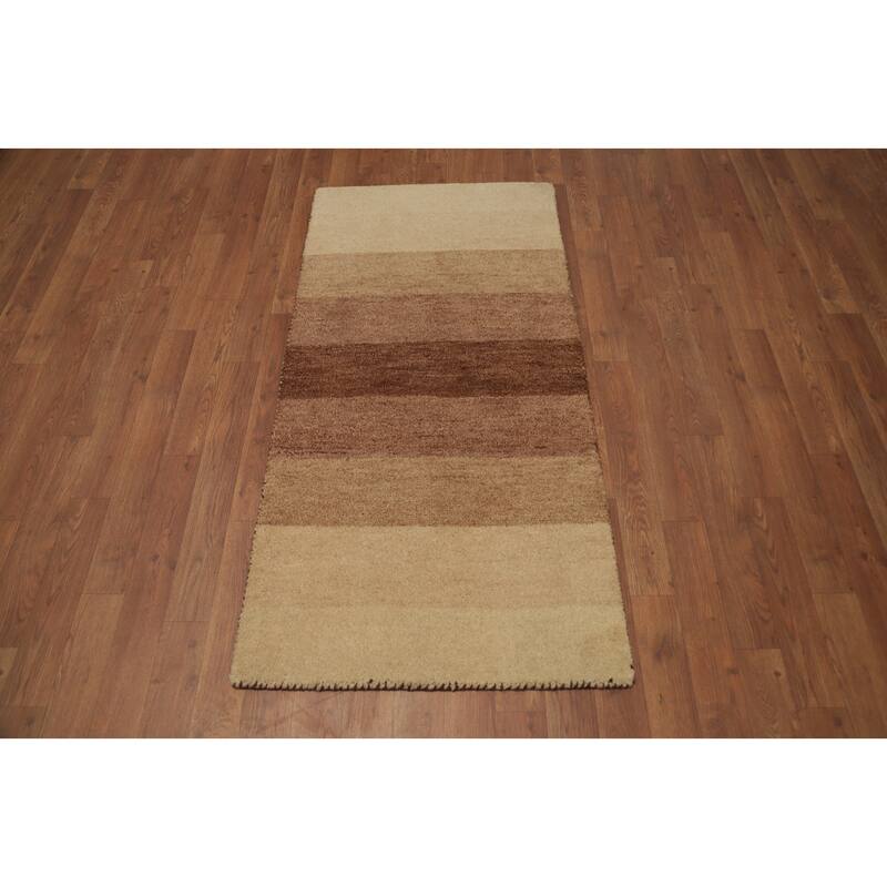 Hand Knotted Oriental 100% Wool Carpet Modern Stripe Brown Gabbeh Area Rug - 4' 5'' X 2' 3''