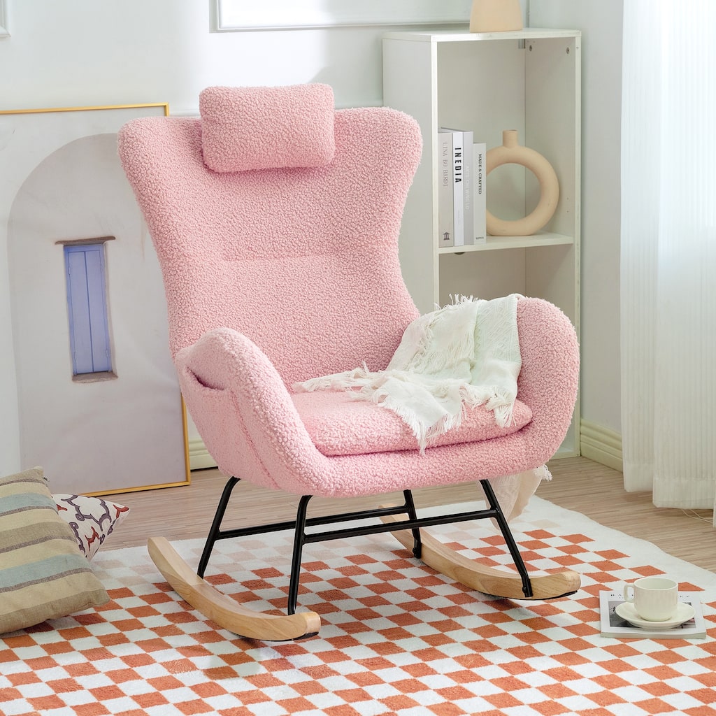 Rocking Chair Nursery,Teddy Upholstered Rocker Glider Chair with High Backrest,Adjustable Headrest & Pocket