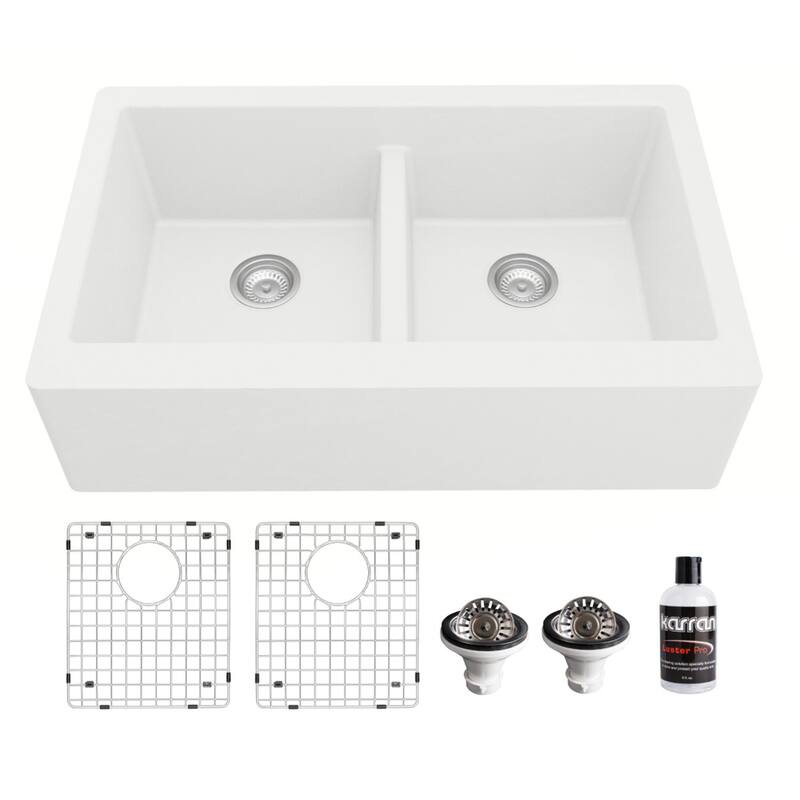 Karran Farmhouse Apron Front Quartz Double Bowl Kitchen Sink Kit - White