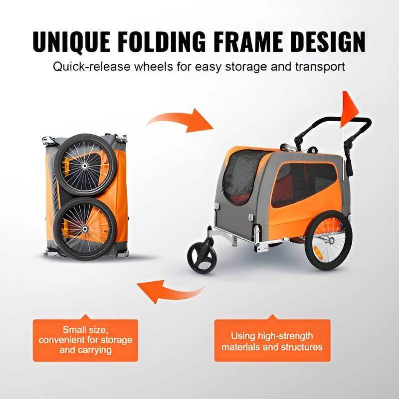 Orange-Grey Steel Pet Stroller Trailer, 2-in-1, Foldable, 66lb Max Capacity - 30.1" L x 21" W x 20.8" H
