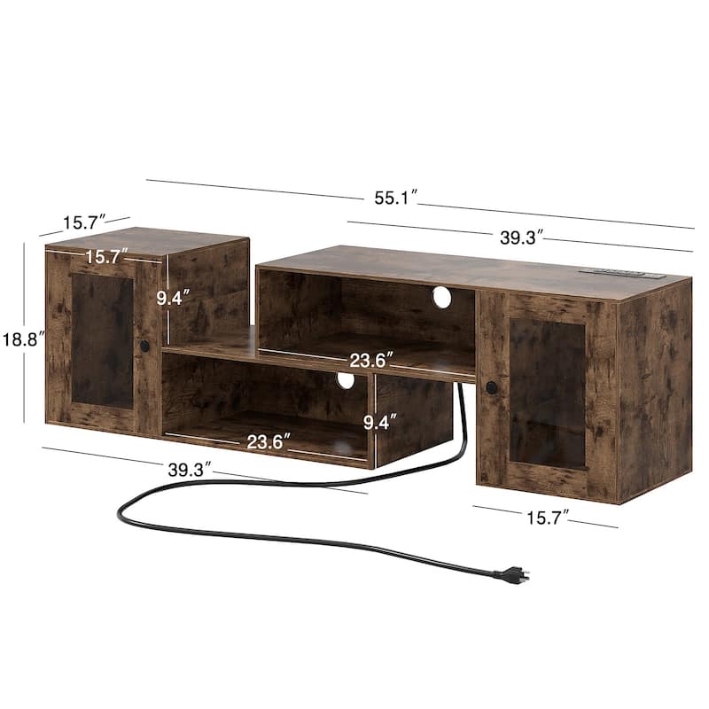 VECELO TV Stand with LED Lights & Power Outlets, Storage Shelves - 55 inches