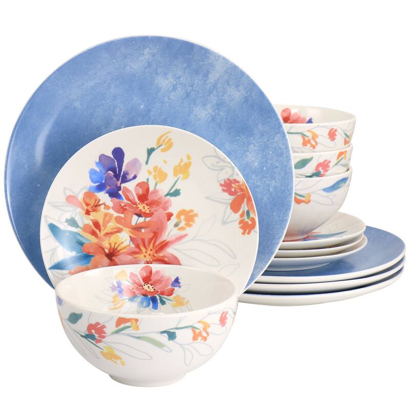 Spice by Tia Mowry Goji Blossom 12 Pc Ceramic Dinnerware Set in Blue - 12 pc