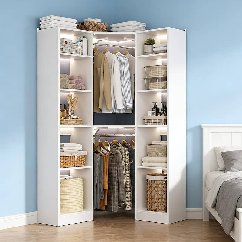 Kyrvo Corner Closet System with 12 Shelves and 2 Hanging Rods, 40"W x 80"H Freestanding Walk-in Closet Organizer System