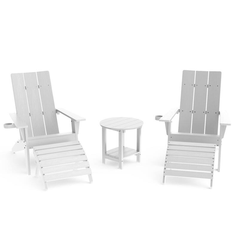 Winsoon 5-Piece All Weather HIPS Outdoor Adirondack Chair Set with Cup Holder, 2 Ottomans and 1 Side Table - White