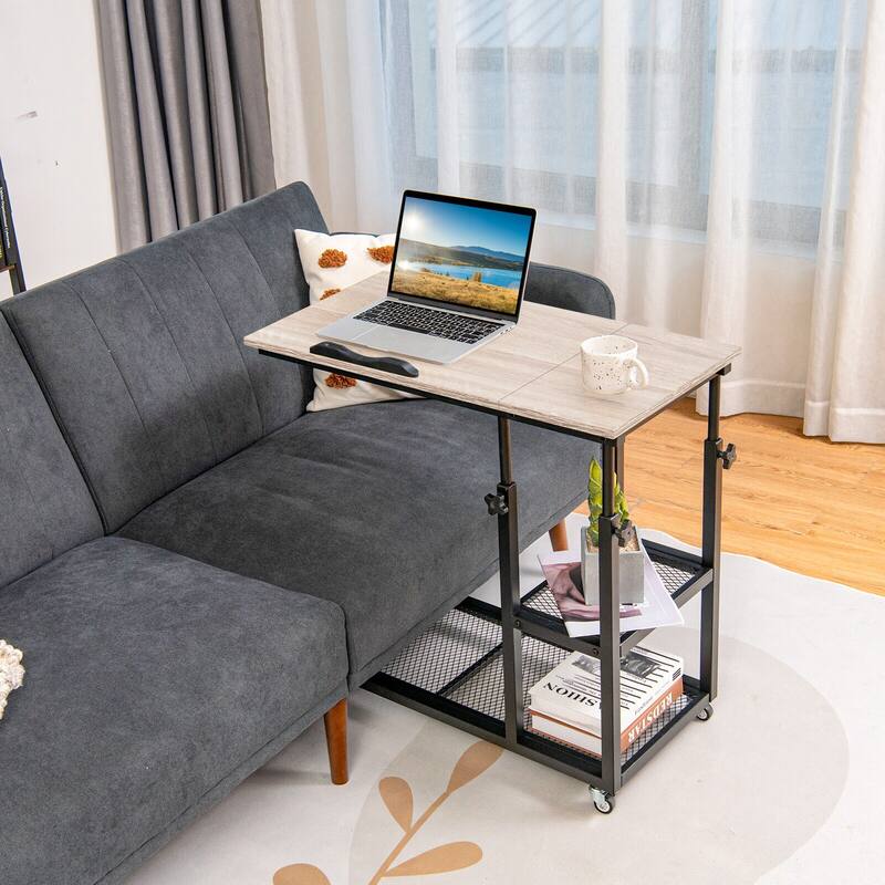 Height Adjustable C-Shaped End Table with Lockable Wheels and Tiltable Table Top - 31.5" x 16" x 25"-37.5"