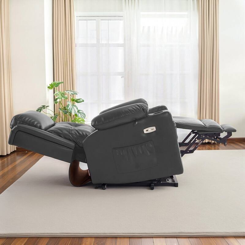 MCombo Lay Flat Dual Motor Power Lift Recliner Chair Sofa with Heat and Massage, Infinite Position, Faux Leather 7661 - Dark Grey