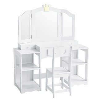 Kids Vanity Table And Chair Set, 2 In 1 Girls Vanity Storage Cabinet W/Tri-Folding Mirror - N/A