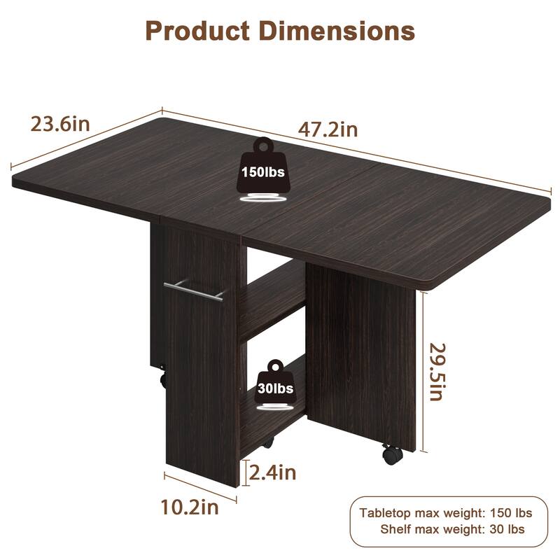 47.2 inch Modern Folding Dining Table with Drop Leaf and 2 Storage Racks - 47.2"D x 23.6"W x 31.9"H