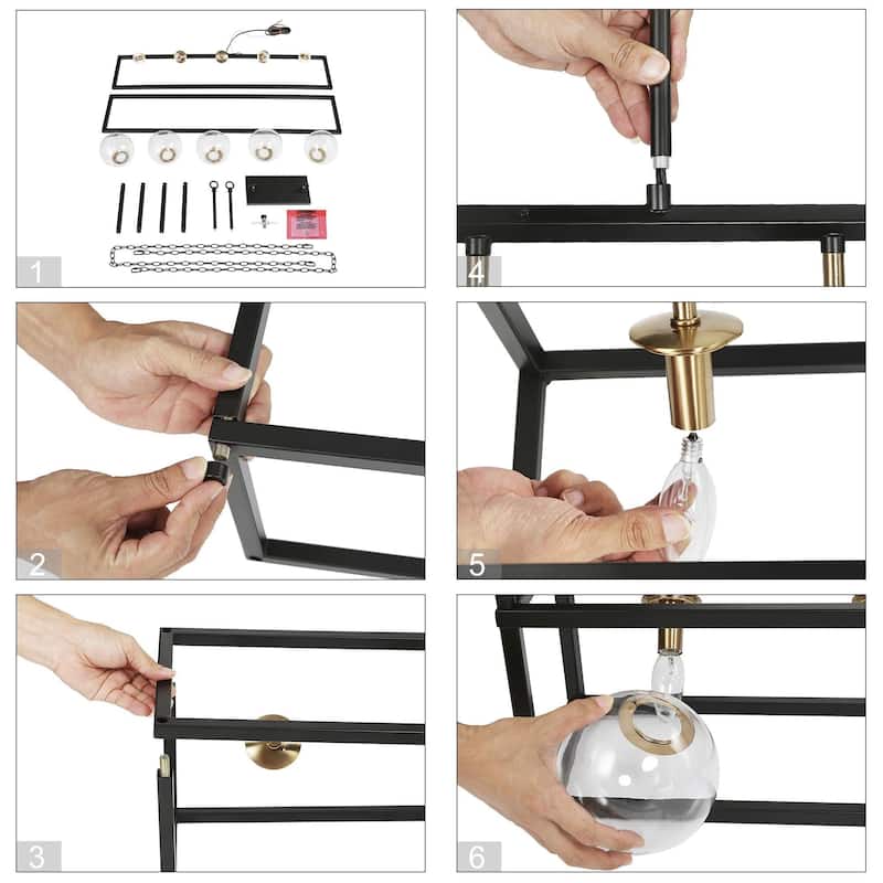 Modern Farmhouse 5-Light Geometric Chandeliers Black Gold Glass Island Light for Dining Room - 41.5"L x 20"Wx 23.5"H