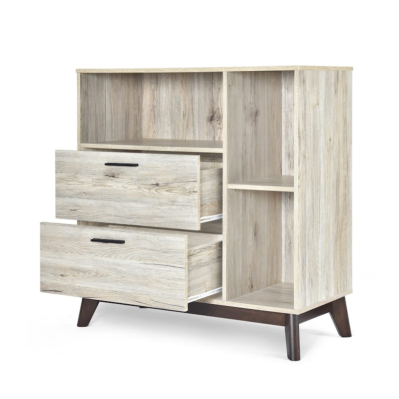 Roomfitters Mid-Century Modern Storage Cabinet with Two Drawers and Open Shelves, Wood Grain Finish