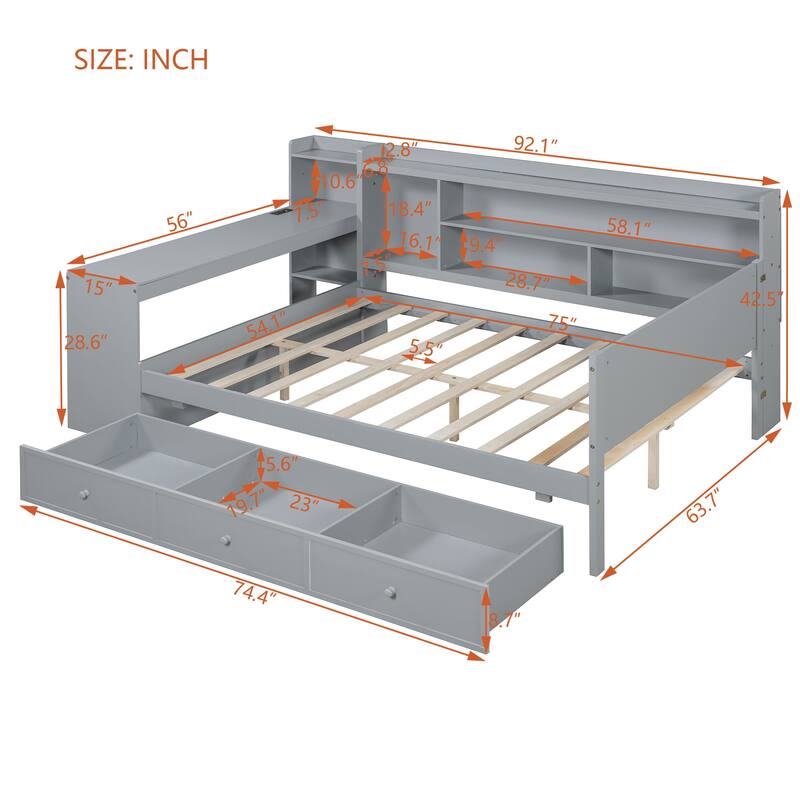 Full Size Wooden Daybed with Drawers, USB Ports, and Integrated Desk, Gray