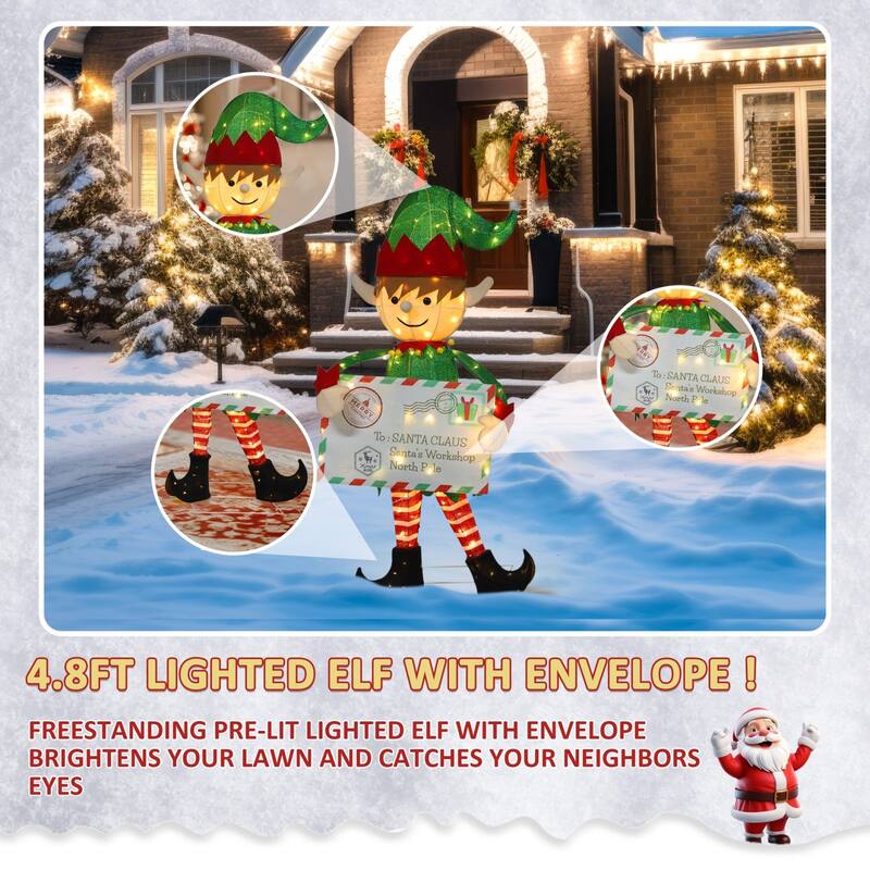 VEIKOUS 4.8FT Lighted Christmas Postman Elf Sign, LED Santa's Mailbox Display with 100 Warm White Lights