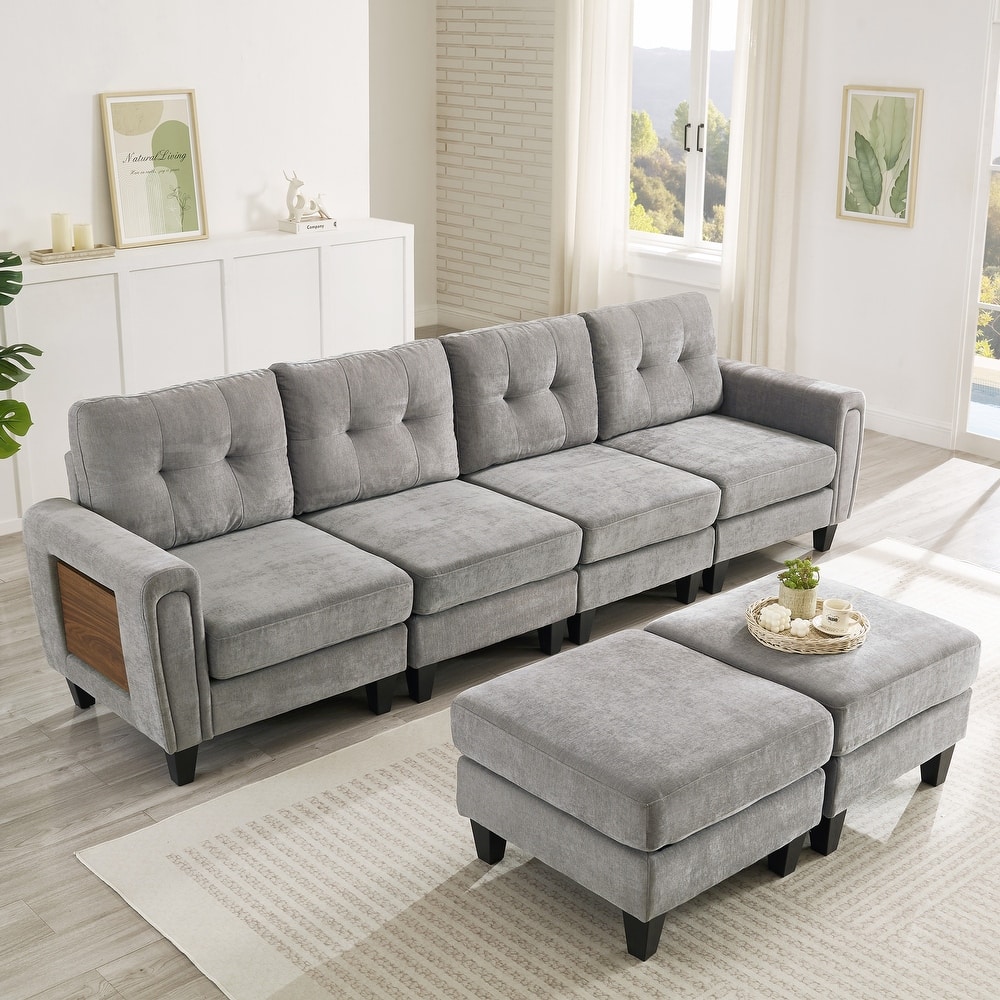 115" U-Shaped Sectional Couch, 6 Seat Upholstered Deep Seat Sofa with Movable Ottomans, USB Ports and Side Tables