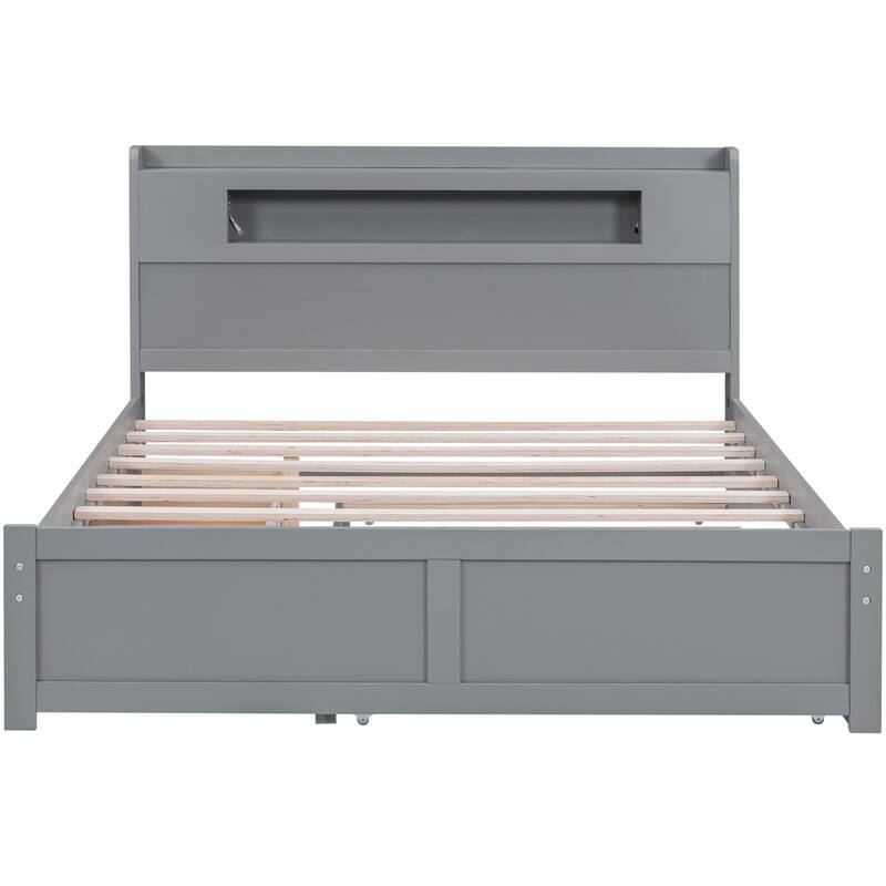 Queen Size Platform Bed with LED Headboard & 2 Drawers & Trundle, Grey