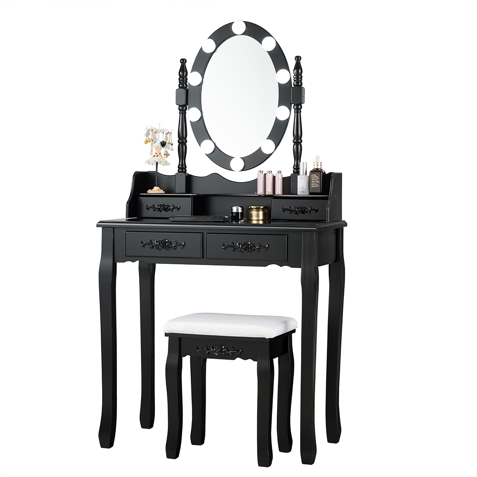 skldfol led dressing table makeup vanity table w 10 led lights mirror vanity set with stool drawer wood dressing table bedroom furniture girls women gifts black furniture bedroom furniture botani com au