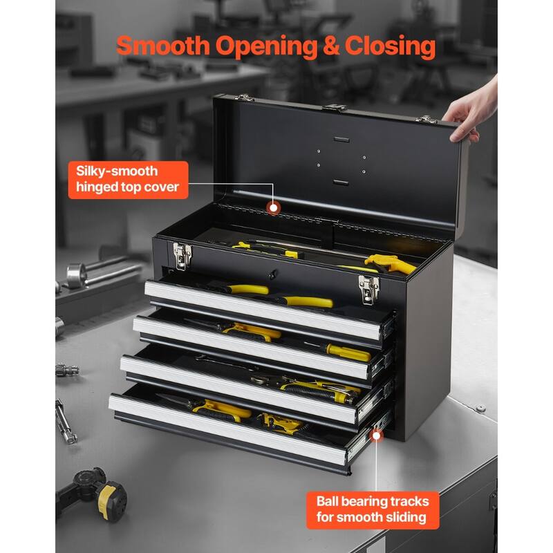 20.5-Inch Black Portable Metal Toolbox with 4 Drawers and Auto-Locking System - 20.5 x 8.6 x 14.2 in