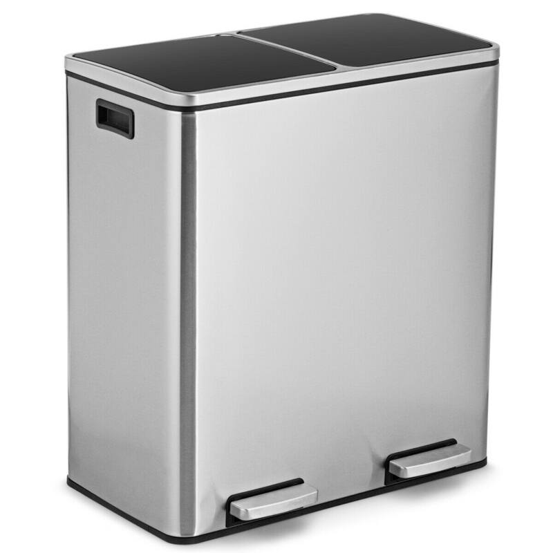 Gymax 16 Gallon Dual Step Trash Can Recycling Stainless Steel Double - Silver