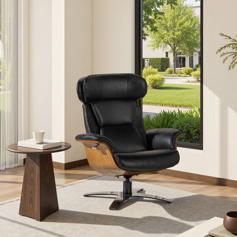 Jovan 31.5" Curved Wood Genuine Leather Recliner Lounge Chair