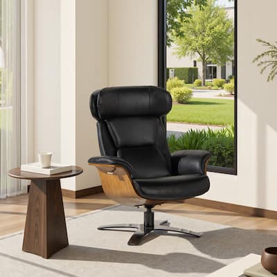 Jovan 31.5" Curved Wood Genuine Leather Recliner Lounge Chair
