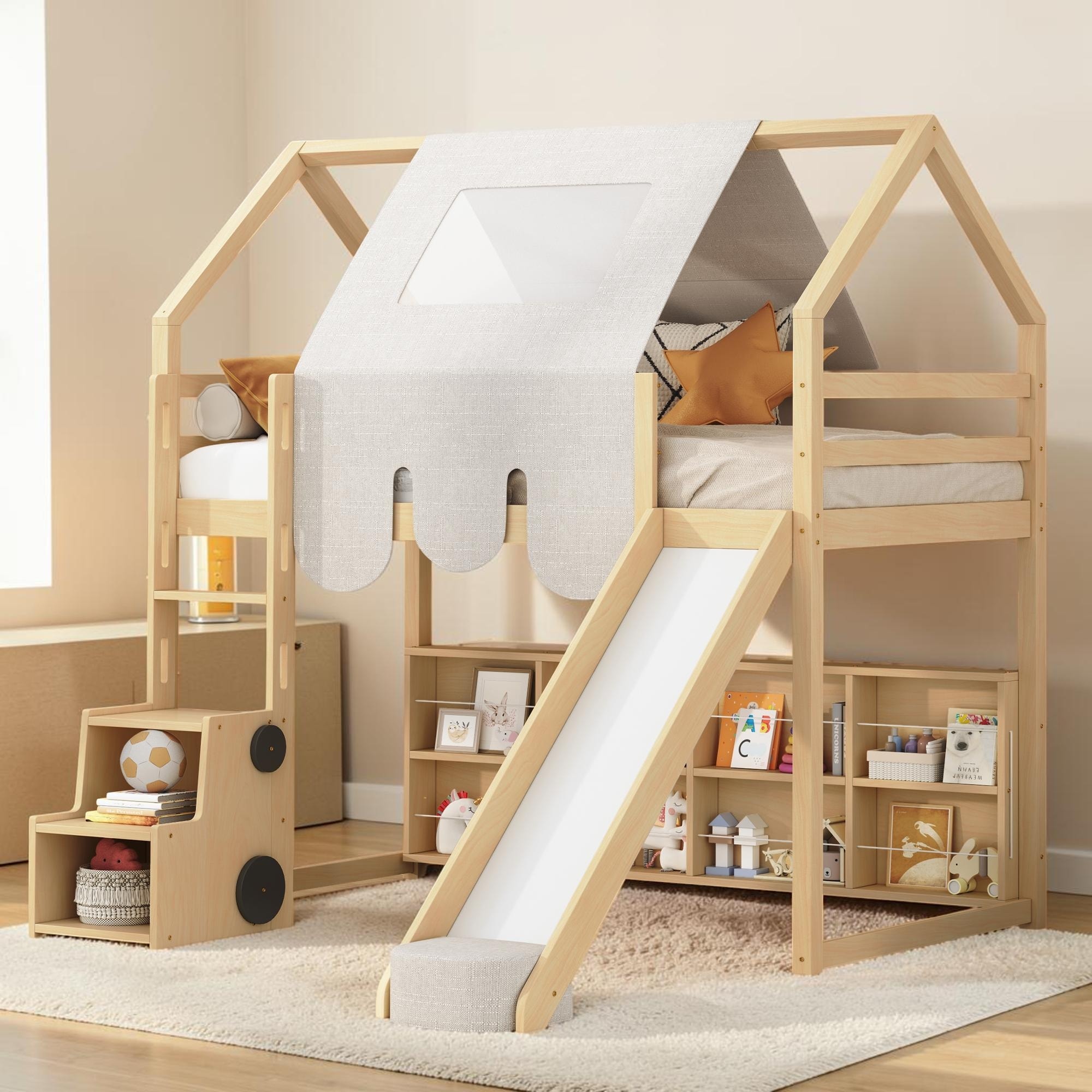 Twin Loft Bed with Slide and Ladder, House Bed Frame with Tent and Storage Shelves, Wood Kids Loft Bed