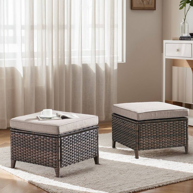 Gymojoy Outdoor Wicker Ottomans, Durable & Weather-Resistant with Olefin Cushions