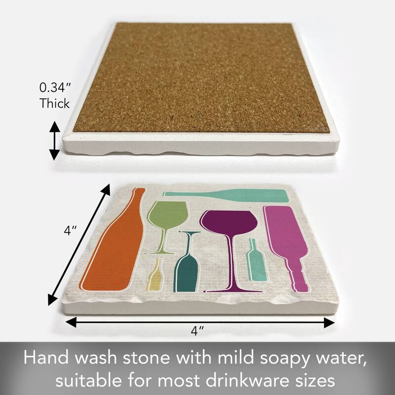 Retro Wine 4 Pack Absorbent Stone Coasters with Cork Backing 4" Square Made in The USA Absorbent Wipes Clean