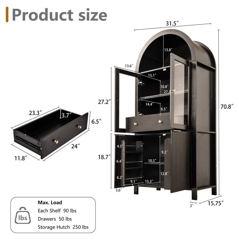 71" Tall Fluted Arched Pantry Cabinet with Glass Doors and Adjustable Shelves for Elegant Kitchen Storage
