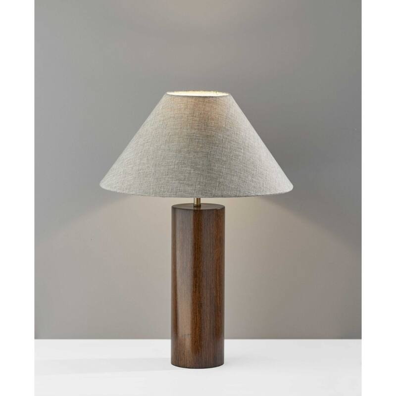 Wood Base Bedside Table Lamp with Grey Cone Fabric Shade - 18” x 18” x 25.5” (D x W x H)