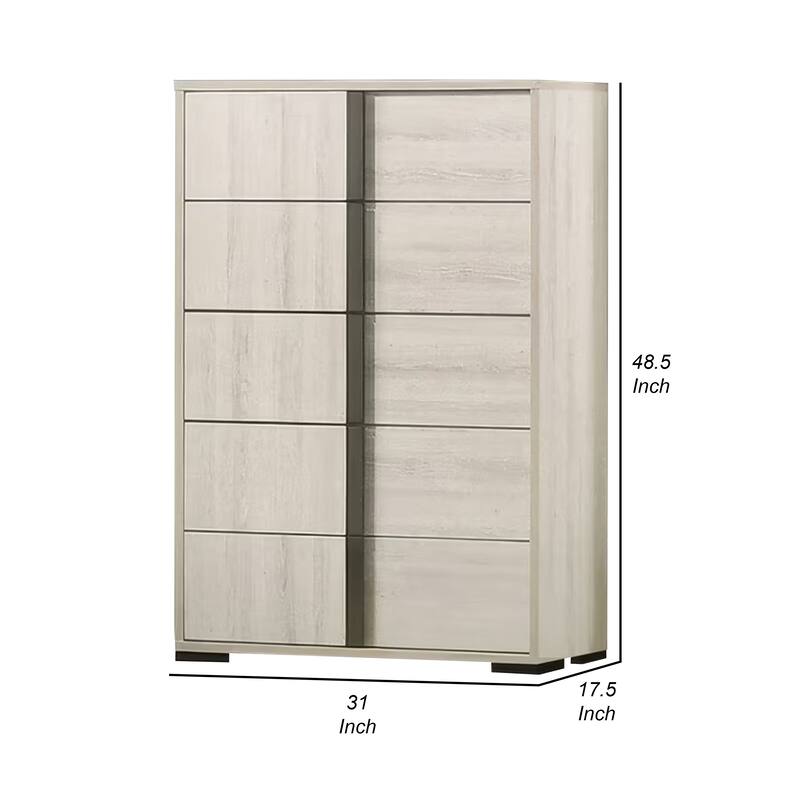 Hyao Tall Dresser Chest, 5 Drawers w Chrome Handles, White Wash Veneer